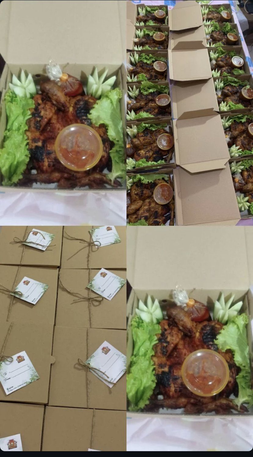 Ayam panggang kotak dengan kartu ucapan Dapoer Three D